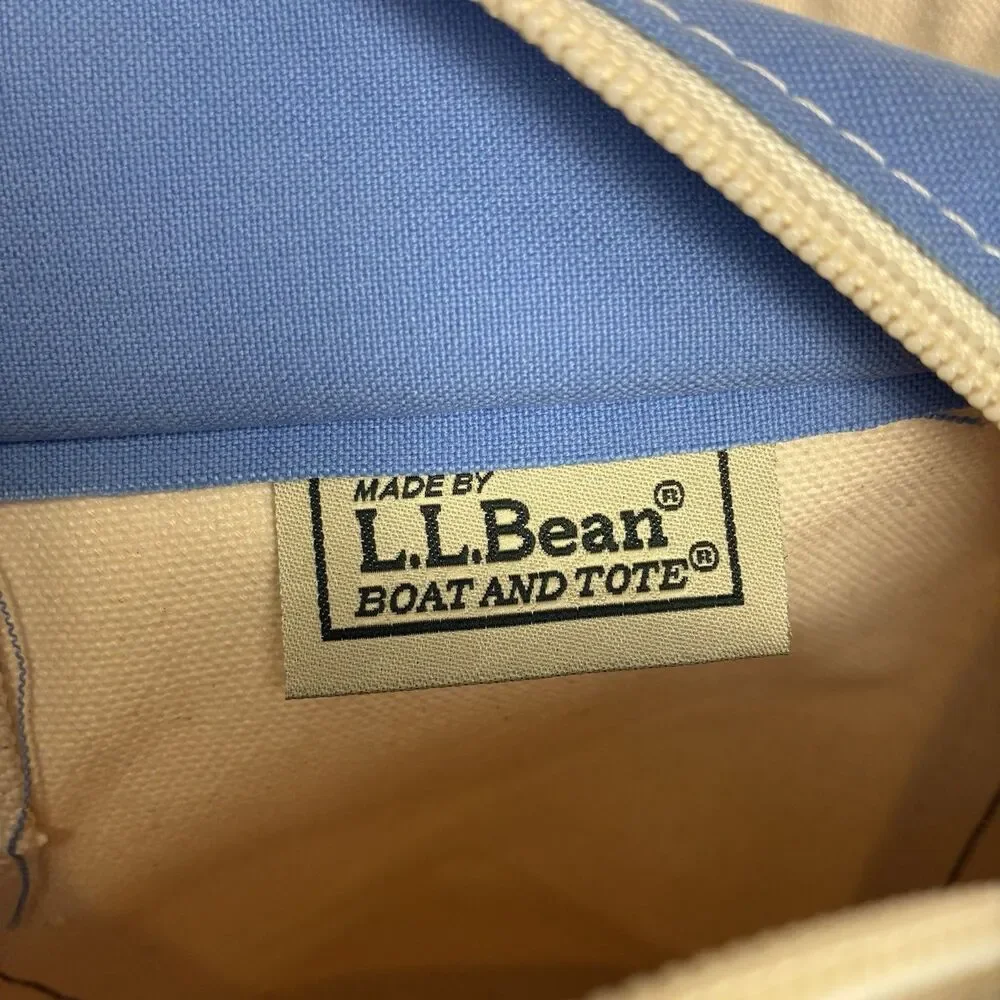 Vintage LL Bean Mini Boat And Tote -Beige Light Blue Canvas Bag With Zipper Top
